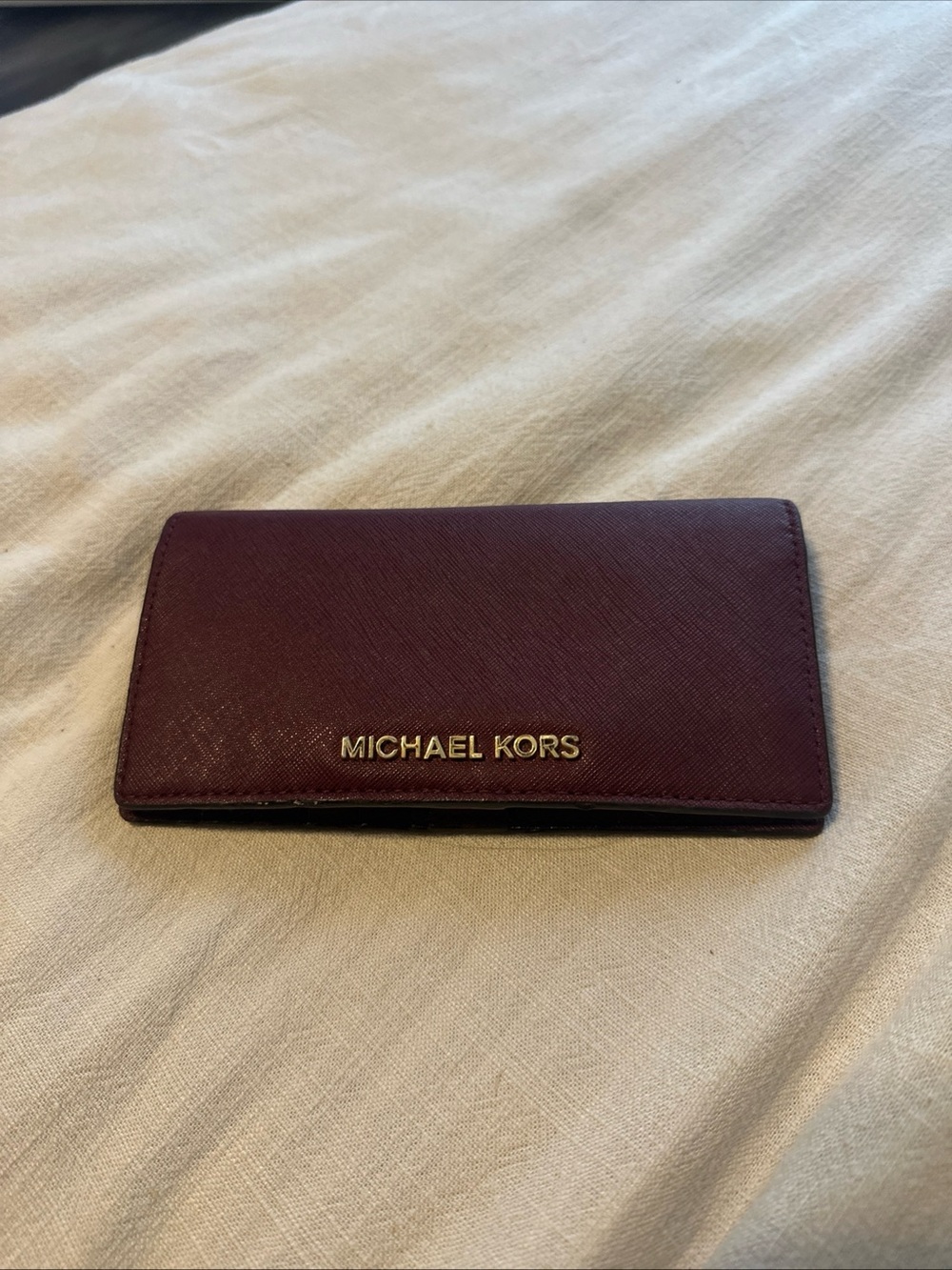 Michael Kors Wine Saffiano Leather Card Holder with Gold Logo